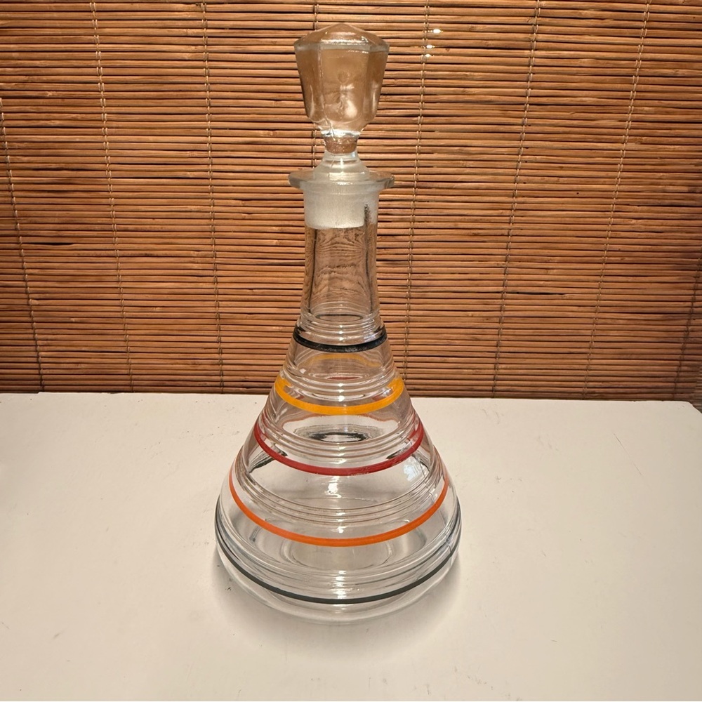 Vintage Anchor Hocking Clear Glass Decanter Red, Orange, Yellow and Black Bands
